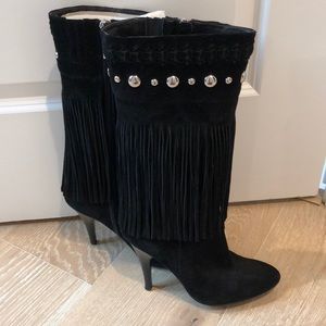 Suede black studded fringe boots